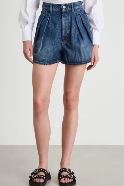 Short con pieghe in jeans - Blu