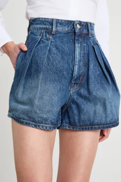 Short con pieghe in jeans - Blu