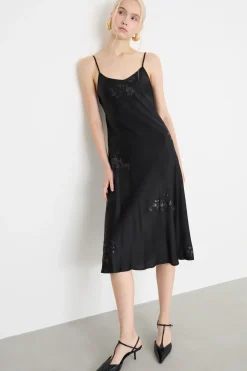 Slip dress in raso ricamato - Nero
