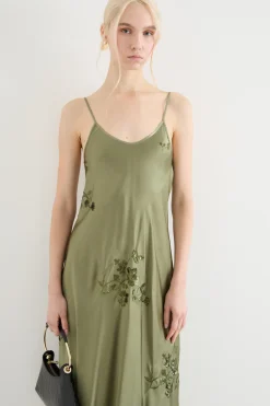 Slip dress in raso ricamato - Verde