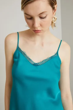 Top in enver satin con pizzo - Petrolio