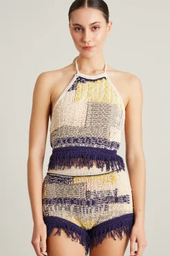Top in maglia con frange - Ecru Viola