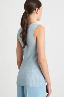 Top aderente in maglia laminata - Azzurro
