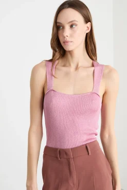 Top aderente in maglia laminata - Rosa