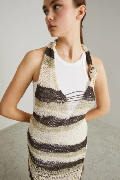 Top asimmetrico in maglia a rete - Marrone Bianco