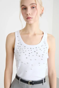 Top con cristalli cabochon - Bianco