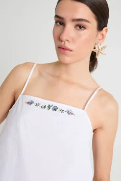Top con scollo dritto ricamato - Bianco