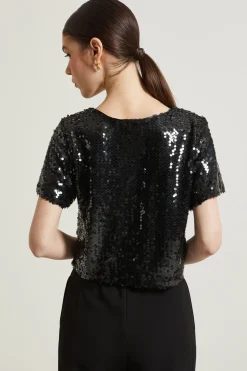 Top corto con paillettes - Nero