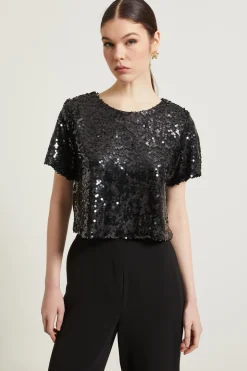 Top corto con paillettes - Nero