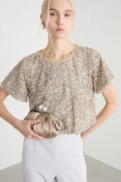 Top crop con paillettes - Beige