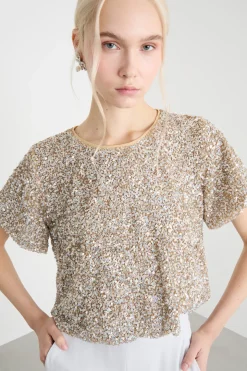 Top crop con paillettes - Beige