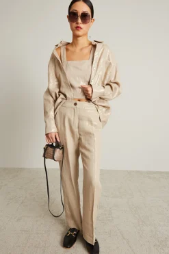 Top cropped in lino laminato - Sabbia