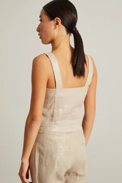 Top cropped in lino laminato - Sabbia