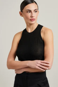 Top cropped in maglia crépe - Nero