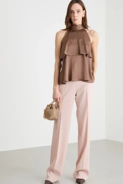 Top in creponne con balza doppia - Marrone