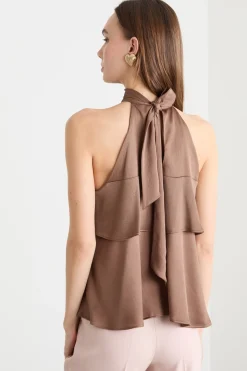 Top in creponne con balza doppia - Marrone