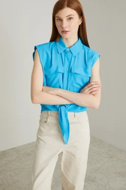 Top in crépe con nodo - Azzurro