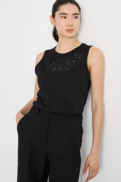 Top in jersey con ricamo sangallo - Nero