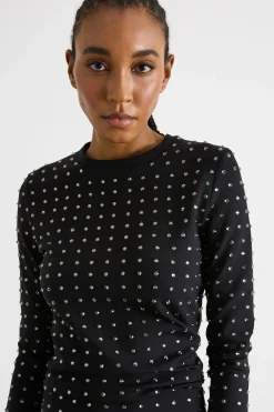 Top in jersey con strass - Nero