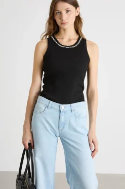 Top in jersey con strass - Nero