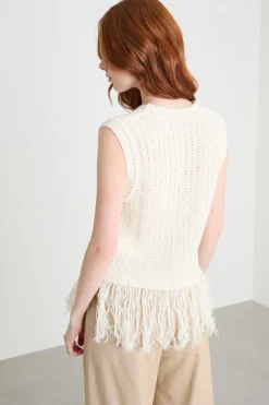 Top in maglia con frange - Bianco