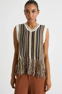 Top in maglia con frange - Nero Bianco Marrone