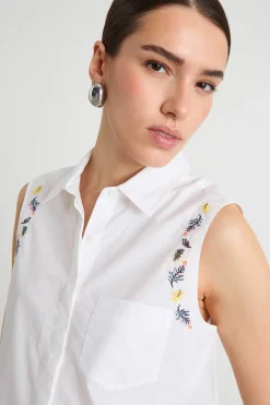 Top in popeline con ricami - Bianco
