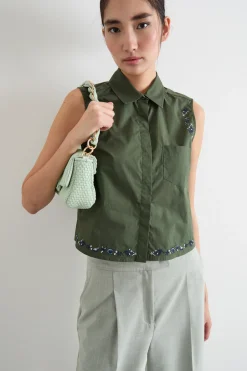 Top in popeline con ricami - Verde