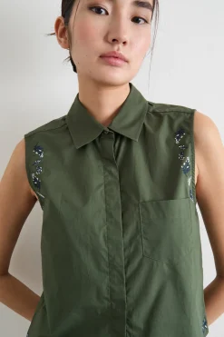 Top in popeline con ricami - Verde