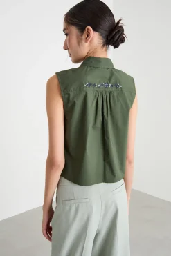 Top in popeline con ricami - Verde