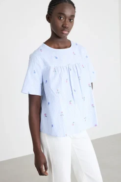 Top in popeline e jersey - Azzurro Bianco