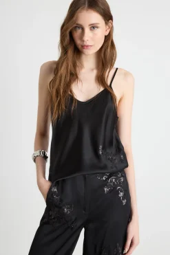 Top in raso ricamato - Nero