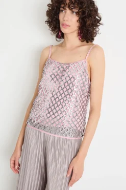 Top in rete con paillettes ricamate - Argento Rosa