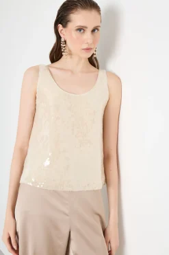Top in tulle con paillettes - Beige