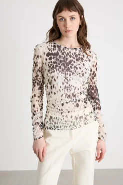 Top in tulle stampato - Avorio Marrone