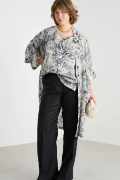 Top lungo in tela stampata - Beige Nero