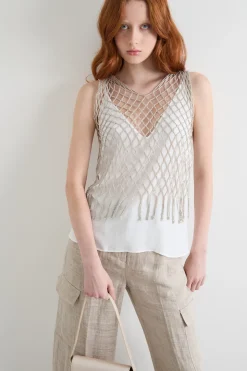Top smanicato con frange - Argento