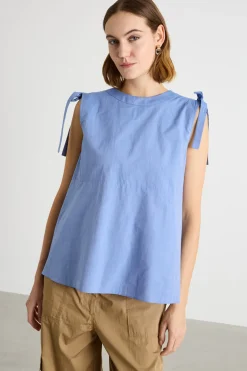 Top smanicato in tela con lacci - Azzurro