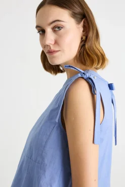 Top smanicato in tela con lacci - Azzurro