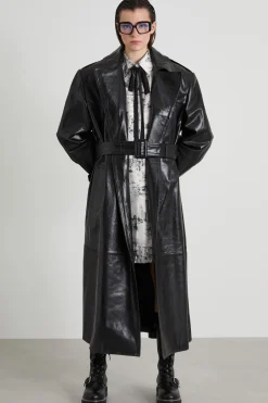 Trench in nappa con cintura - Nero