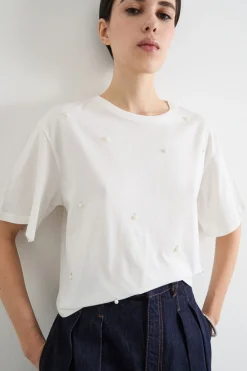 T-shirt boxy con applicazioni - Bianco