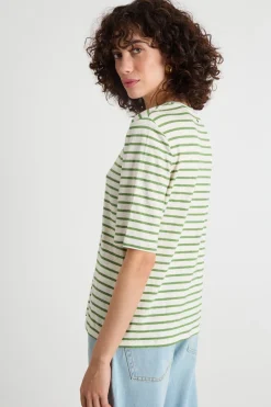 T-shirt con ampio scollo a V - Verde Bianco