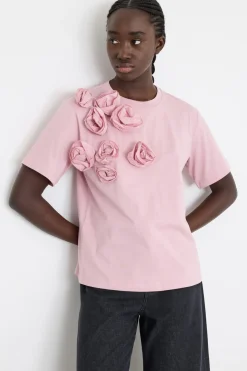 T-shirt con applicazioni floreali - Rosa