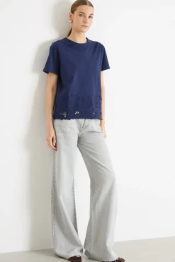 T-shirt con bordo ricamato - Blu