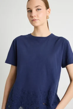 T-shirt con bordo ricamato - Blu