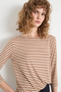T-shirt con manica a tre quarti - Marrone Bianco