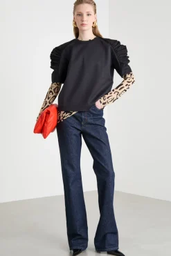 T-shirt con maniche arricciate - Nero