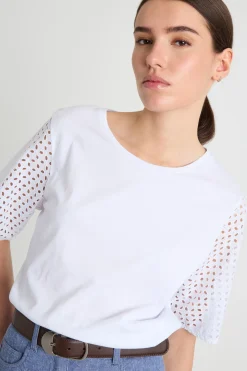 T-shirt con maniche corte in sangallo - Bianco