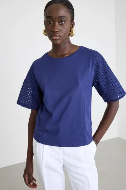 T-shirt con maniche corte in sangallo - Blu