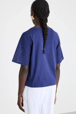 T-shirt con maniche corte in sangallo - Blu